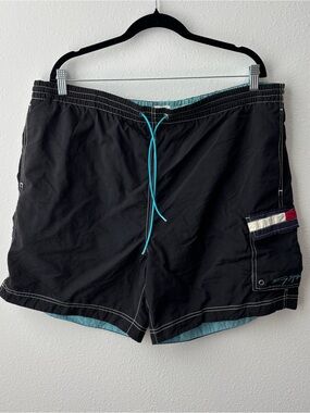 Tommy Hilfiger Black Swim Trunks with Aqua Drawstring